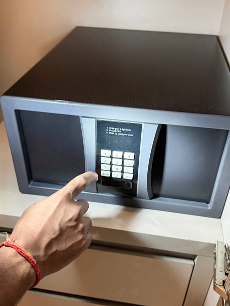 istock Image of hotel room safe with combination lock / storing valuables securely, ensuring safety, protection, indoor safe personal belongings 2209131249