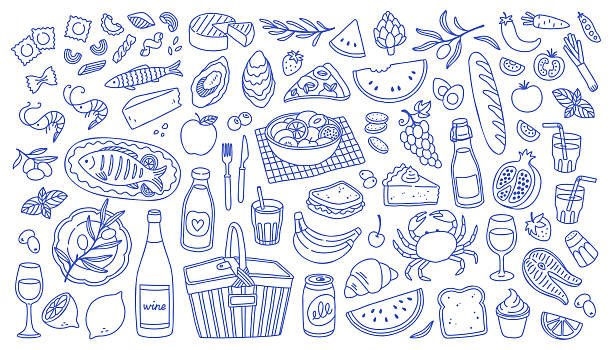 stockillustraties, clipart, cartoons en iconen met mediterranean blue summer set. hand drawn vintage doodle drawing. family dinner, picnic, breakfast with wine, pasta and snacks. dolce vita table setting drawings for cafe or restaurant menus design. - food
