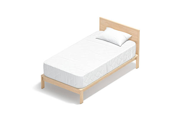 istock Blank wooden single bed with white bedding mockup, side view 2209132820