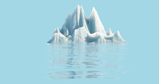 3d rendering. A stunningly detailed iceberg with jagged peaks and ridges, floating serenely in reflective water under a clear sky. The interplay of smooth and rough textures highlights its natural majesty