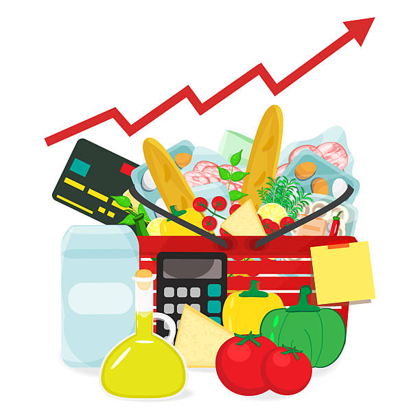 istock Infographic vector illustration basket with grocery products, calculator and credit card, money cash with coins stacks and arrow. Living cost inflation and budget planning. 2209136042
