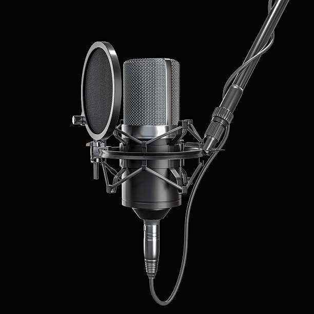 istock Professional studio microphone hanging on a boom arm, ready for recording 2209142304