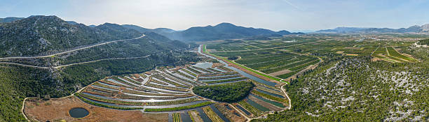Panoramic aerial view of agricultural fields in the Neretva River Valley, Dalmatia, Croatia