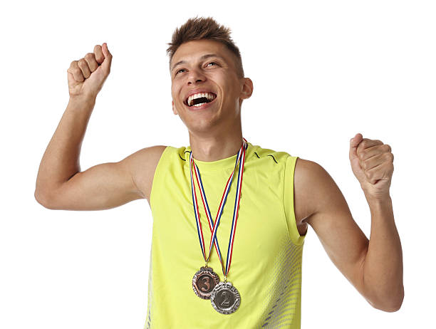 istock Happy winner with different medals on white background 2209149447