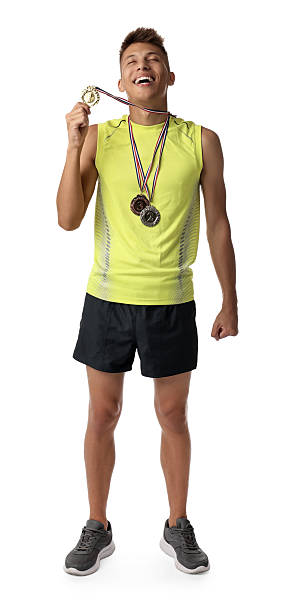 istock Happy winner with different medals on white background 2209149540