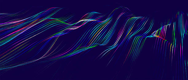 istock Multicolored wave of glowing dots. Futuristic dot wave of bright particles, on dark background. Interweaving effect. Futuristic background for presentation design. Wide format vector illustration. 2209153315