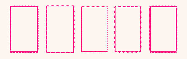 Scalloped edge rectangular frames set - decorative border shapes with wavy outer contour, zigzag perimeter line. Pink page dividers, feminine design elements collection isolated on white background.
