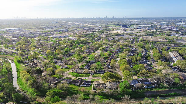 istock Urban suburban mixed use development Fairbanks Northwest Crossing area with Northwest Freeway US 290, downtown skylines background, residential house, business park, warehouse, industrial, aerial 2209157209