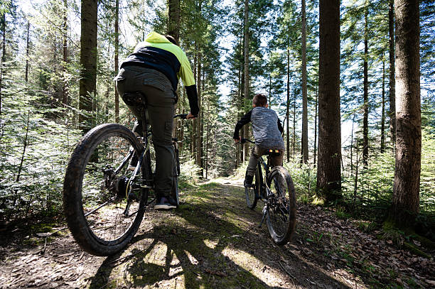 istock Two cyclists enjoying a ride through a sun-dappled forest trail. 2209162835