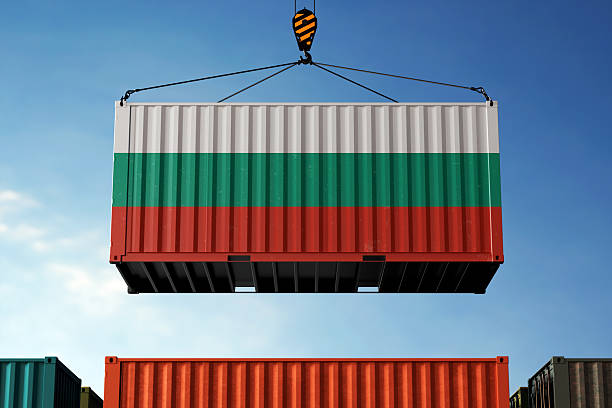 istock Bulgaria trade cargo container hanging against clouds background 2209165978