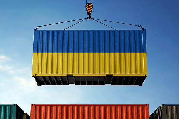 istock Ukraine trade cargo container hanging against clouds background 2209166902
