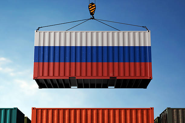 istock Russia trade cargo container hanging against clouds background 2209166904