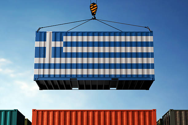 istock Greece trade cargo container hanging against clouds background 2209167026