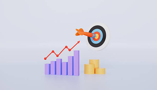 istock Bar graph, line chart, financial growth, dollars and target, business development concept 2209167499