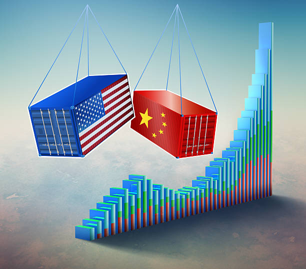 istock American and Chinese Cargo Container hanging illustrating the economic warfare with growth chart 2209171198