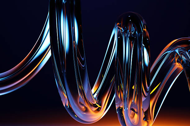 3d abstract liquid glass holographic transparent wave line on dark blue background. Chromatic spiral swirl, rainbow fluid flow with neon light gradient. Futuristic digital tech render