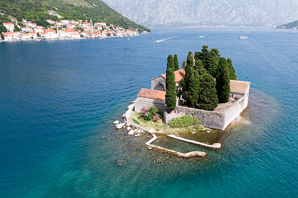 High angle view of Church of Saint George on an island near Perast, Montenegro.