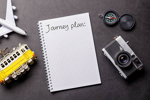 Creative flat lay of a travel-themed desk with notepad for plans