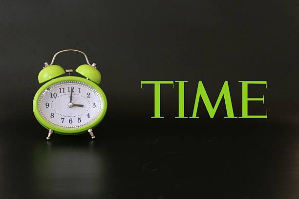 Green alarm clock with 'time' text. Clock and time themed photo