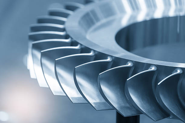 Close up scene the jet engine parts in the light blue scene.