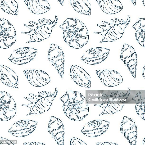Sea Shell Design Guide Line Seamless Seashell Pattern In Blue Line Art Style Various Ocean Shell ...