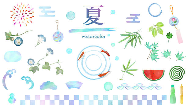 Japanese summer watercolor illustration set, vector, icon, Japanese pattern, morning glory, goldfish, watermelon, ramune, fireworks, wave, wind chime, yo-yo