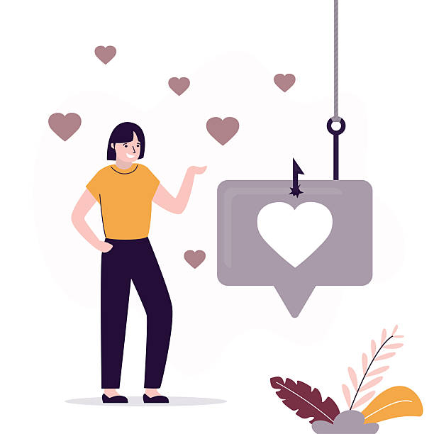 Cute woman was tricked by internet criminals, by making her fall in love. Speech bubble icon with heart hanging on fishhook, bait, dangerous manipulation in relationships Cute woman was tricked by internet criminals, by making her fall in love. Speech bubble icon with heart hanging on fishhook, bait, dangerous manipulation in relationships, online dating. flat vector lying friends quotes stock illustrations