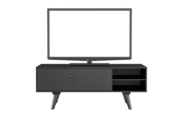 istock LED Flat Screen TV with white screen on TV nightstand with shelves. Dark color, front view. 3D rendering 2209197604