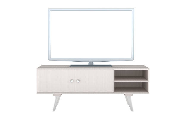 istock Smart TV set with white screen on stand for TV set. White color, front view. 3D rendering 2209197891