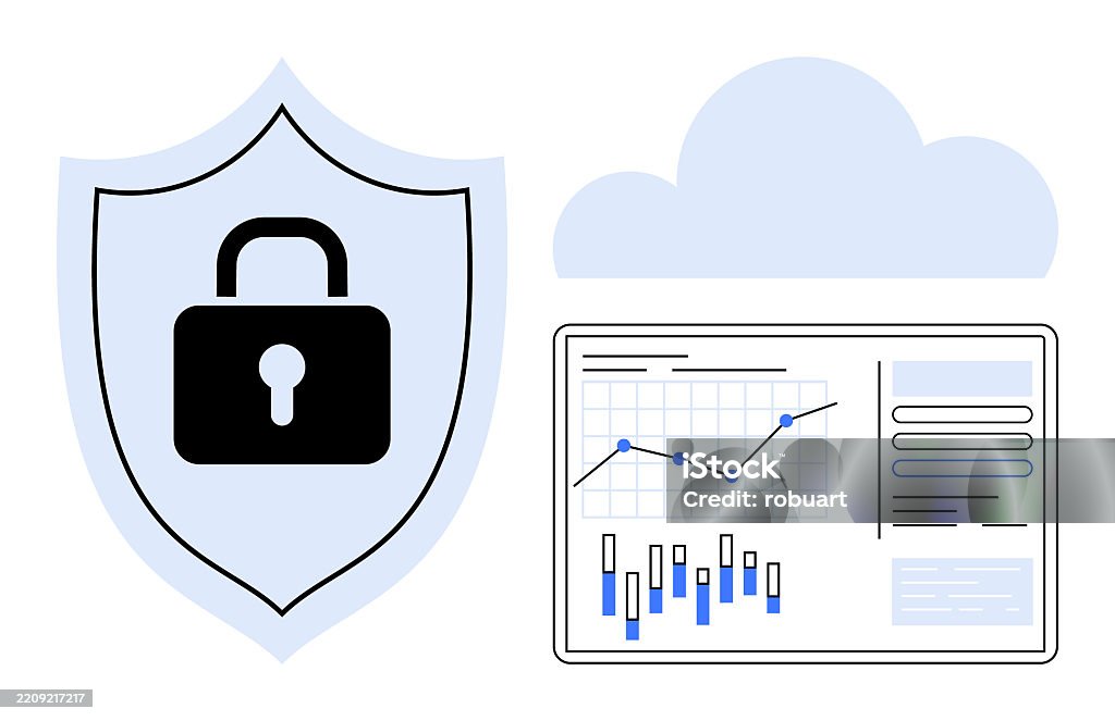 Security Analytics Icon Data Security Visualized With Shield Lock Symbol Cloud And Analytics ...