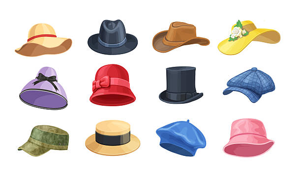Man and woman hats. Illustration with different types of hats, cowboy hat, beret, beach panama collection.