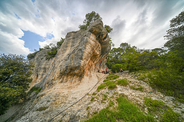Casteldilago, Umbria, Italy - May 28, 2023: Madonna dello scoglio cliff known as the mushroom, near Casteldilago in Valnerina. A stone's throw away is the hermitage which takes its name from the rocky spur