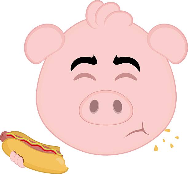 emoticon character head pork cartoon eat meal hotdog vector illustration emoji character face pig cartoon, eating fast food from a hot dog biting lip stock illustrations