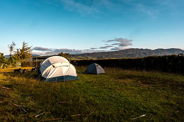 Family camping with dog at the campsite in Cheddar, Somerset, England
