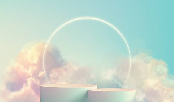 istock Transparent fluffy clouds form a realistic product podium stage, set against a soft pastel color background 2209241629