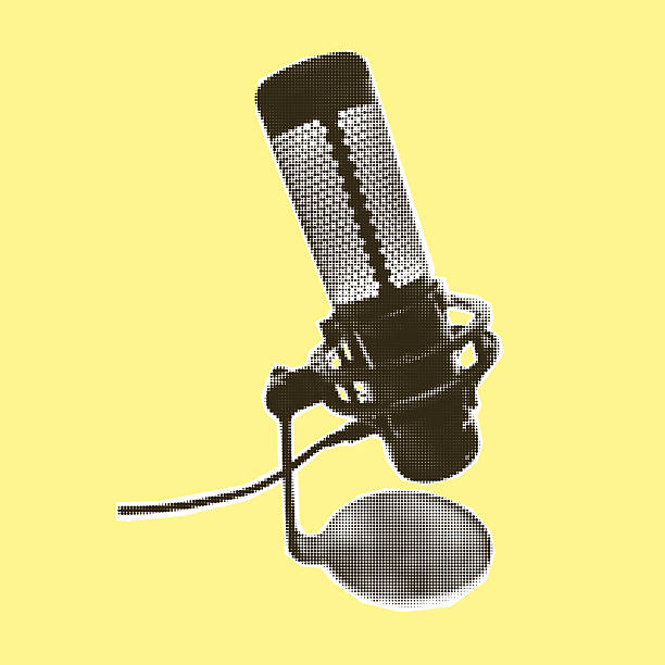 Studio microphone for podcast. Halftone trendy cut out paper collage element isolated on yellow background Karaoke mic, recording broadcast, online radio, streaming audio service. Vector illustration