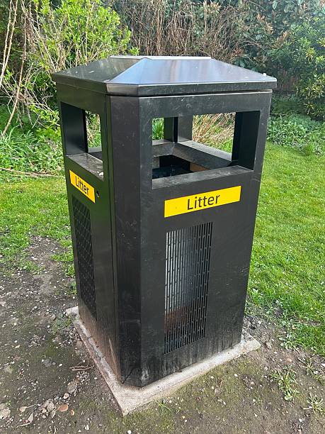 istock Black metal litter bin with ash tray on top 2209246044