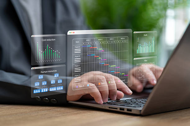 istock Project schedule plan and data analysis monitor concept, Project manager planning business schedule and work management, Update tasks progress comparative bar Chart business growth, Cost, Profit, Hr 2209254680