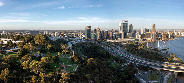 Aerial View from Kings Park and Perth CBD on the Swan River. Between the Kwinana Freeway. Perth, Western Australia, Australia