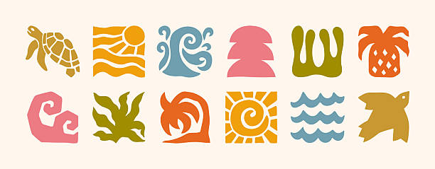 stockillustraties, clipart, cartoons en iconen met groovy summer icons in boho style. vector abstract square tropical illustrations in freehand. - eiland