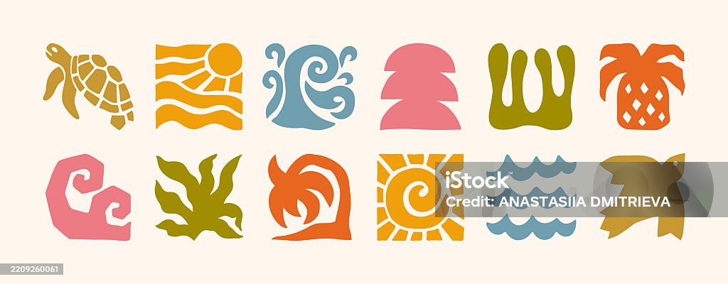 Groovy Summer Icons in Boho Style. Vector Abstract Square Tropical Illustrations in Freehand. - Royalty-free Güneş Vector Art Groovy Summer Icons in Boho Style. Vector Abstract Square Tropical Illustrations in Freehand. - Royalty-free Güneş Vector Art