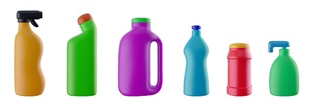 istock Set of plastic color empty bottles or containers for household cleaning chemical or industrial liquid in 3d realistic style. Glossy design elements for mockup branding. Vector illustration. 2209269949