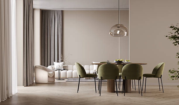 istock Home living room interior with table and green chair, modern light dining, beige empty wall mock up, 3d render 2209270420