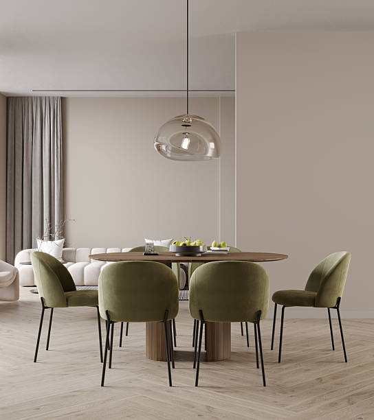 Home dining room interior with wooden table and green chair, modern light dine, 3d render