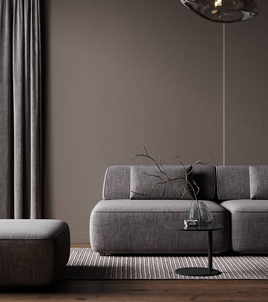 Stylish dark chocolate living room interior with gray sofa mock up, modern interior background, empty mocha wall mockup, 3d illustration
