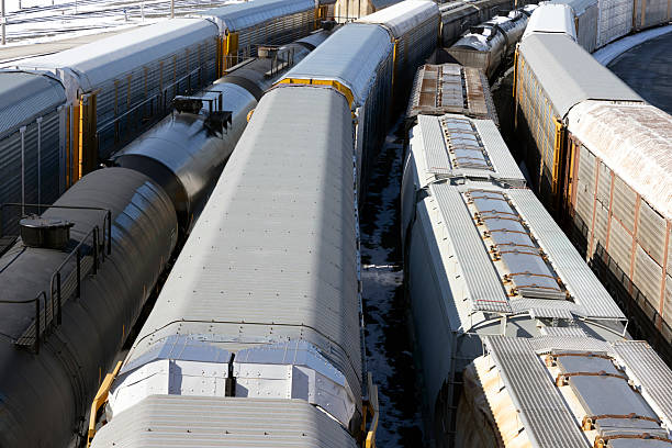 Los Angeles, California, USA - Locomotives atanding on railroad track near 1st Street Bridge.