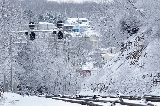 istock Snowy landscape with train tracks and signal 2209273651