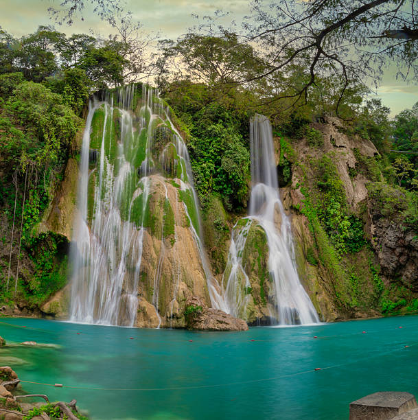 Scenic view of el meco waterfall flowing into a turquoise pond, surrounded by lush vegetation in huasteca potosina, mexico