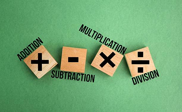 Mathematical operation signs with an orange question mark on gray background for problem solving and education concepts