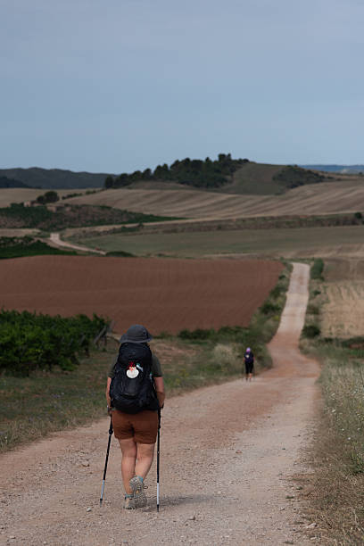 Pilgrim walking to Compostela on the french Way of St James (Camino de Santiago), near Estella, Navarra, Spain